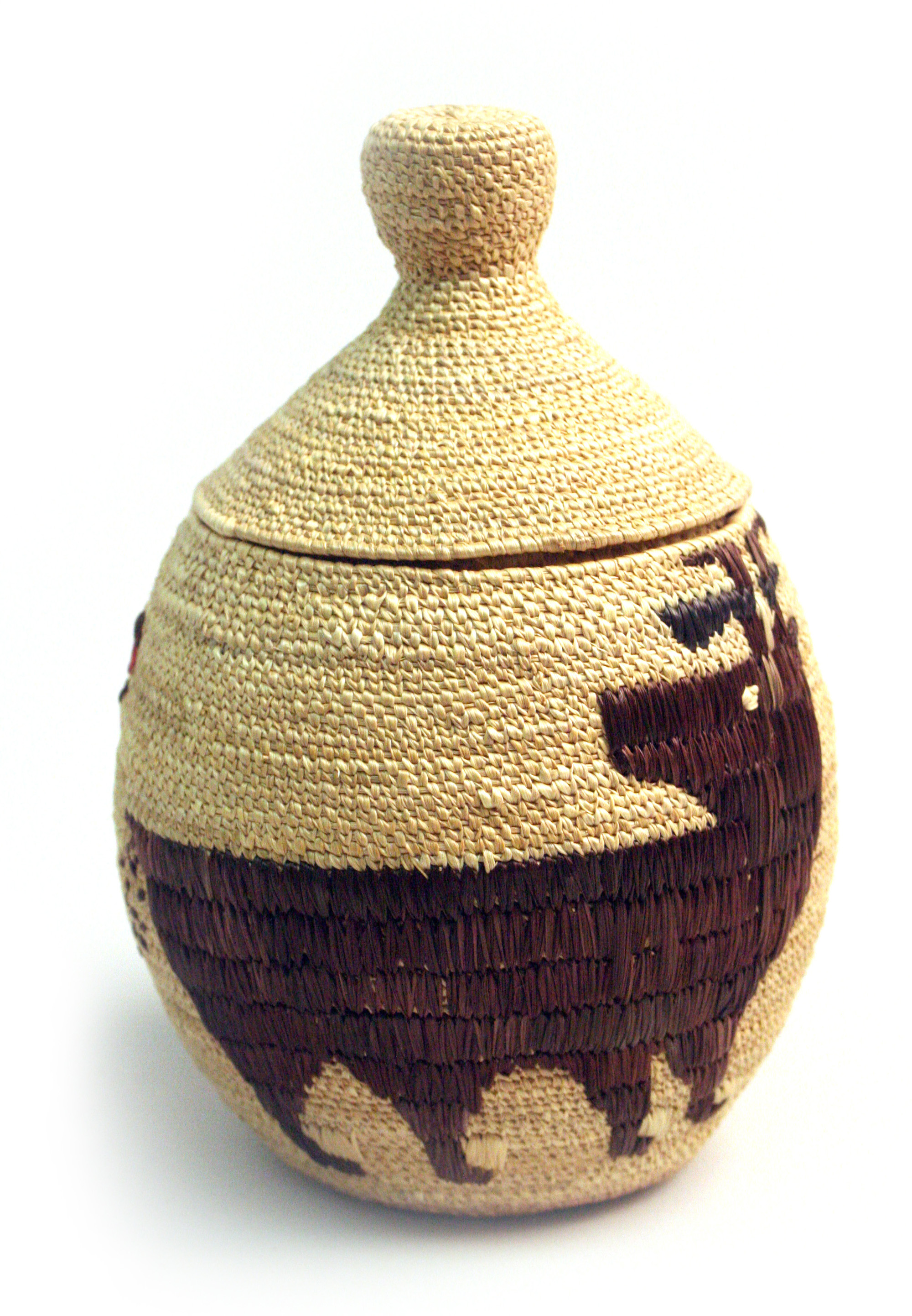 Wolf basket, Nancy Edwards, twined methods, Yupik, 1999