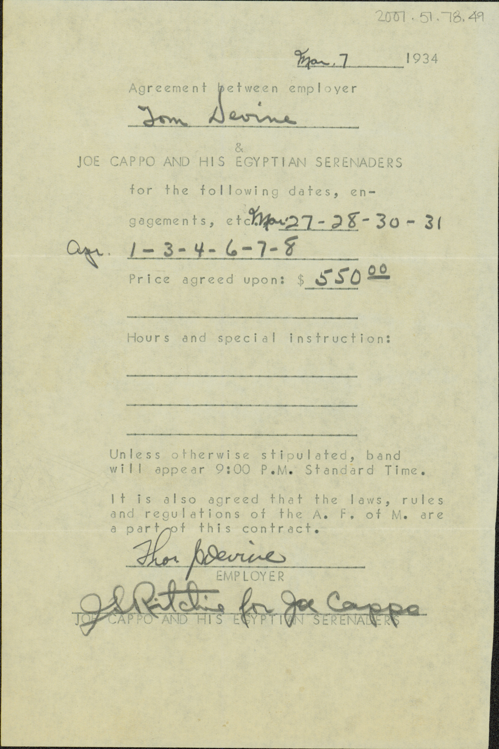 Contract for Joe Cappo and His Egyptian Serenaders, 1931