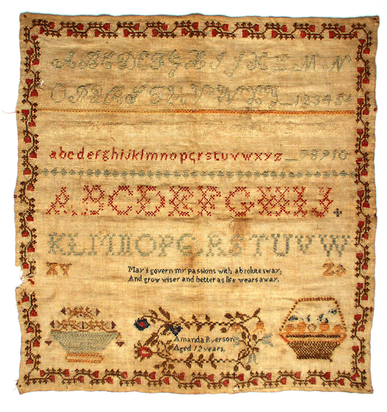 Sampler, made by Amanda Byerson, age 12, 1830s